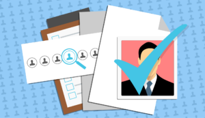 Illustration of executive candidate selection process with resumes, checklist, and approved candidate photo — representing hiring for agility in leadership roles