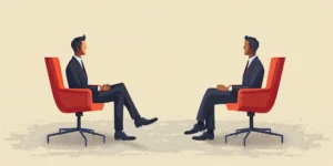 Illustration of two executives in red chairs facing each other during a global leadership assessment interview